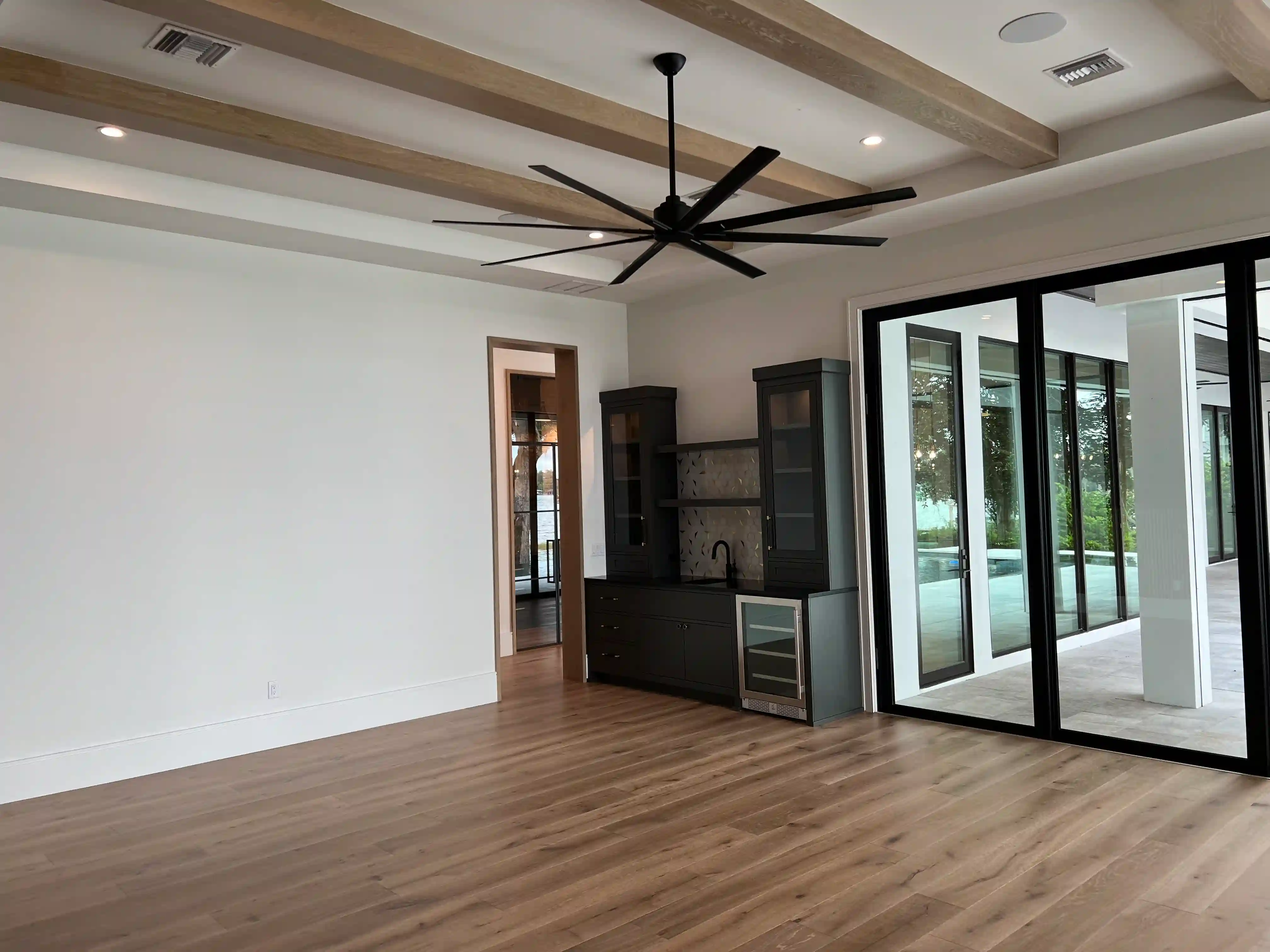 Living room wet bar lake view finished