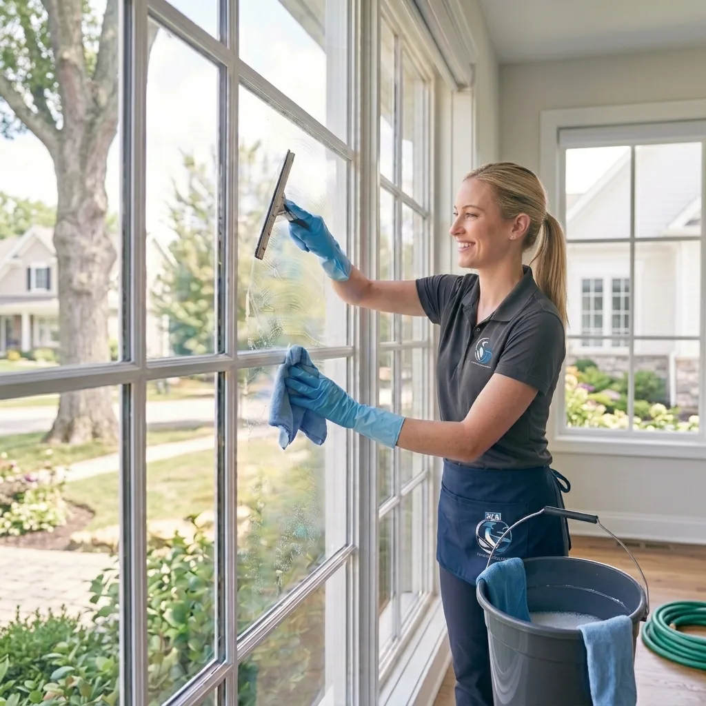 A cleaner in a PG Quality Solutions uniform squeegeeing a large window
