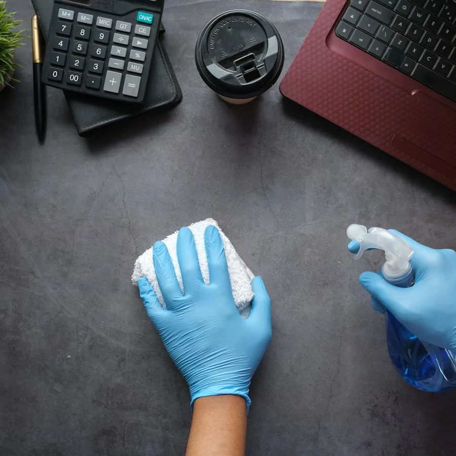Gloved hands sanitizing a desk in an office